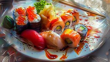 a painting of sushi and a plate with a picture photo