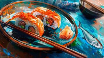 a painting of sushi and a plate with a picture photo
