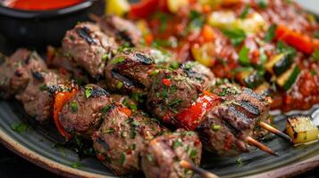 a plate of lamb kebabs with vegetables and a bow photo