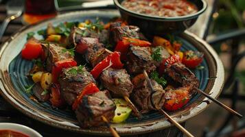 a plate of lamb kebabs with vegetables and a bow photo