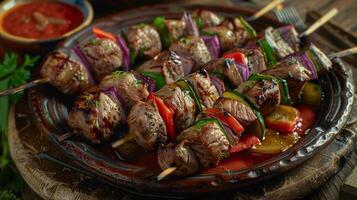 a plate of lamb kebabs with vegetables and a bow photo