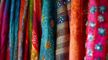 a row of colorful fabrics with a beaded pattern photo