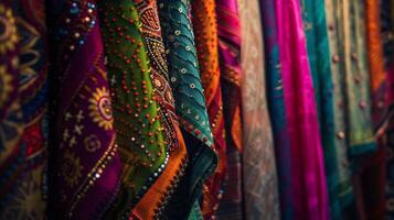 a row of colorful fabrics with a beaded pattern photo