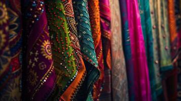 a row of colorful fabrics with a beaded pattern photo