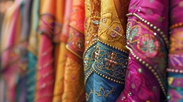 a row of colorful fabrics with a beaded pattern photo