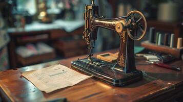 a sewing machine on a desk with a piece of paper photo