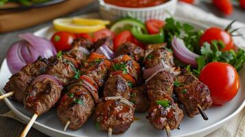 a plate of lamb kebabs with vegetables and a bow photo