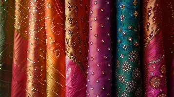 a row of colorful fabrics with a beaded pattern photo