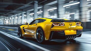 a shiny yellow sports car driving in a race photo