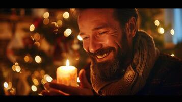 a smiling man holding a candle enjoying christmas photo