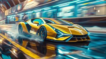 a shiny yellow sports car driving in a race photo