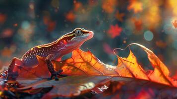 a slimy cute gecko looking at a colorful autumn photo