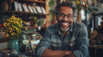 a smiling man owner of a small business sitting photo