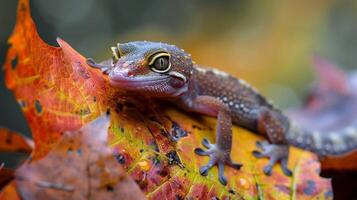 a slimy cute gecko looking at a colorful autumn photo