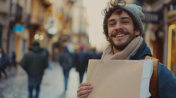 a smiling man walking in the city holding a sign photo