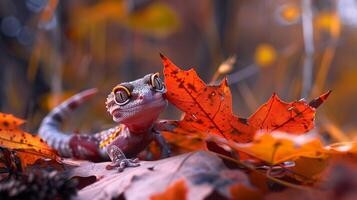 a slimy cute gecko looking at a colorful autumn photo