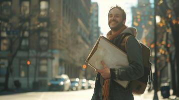 a smiling man walking in the city holding a sign photo