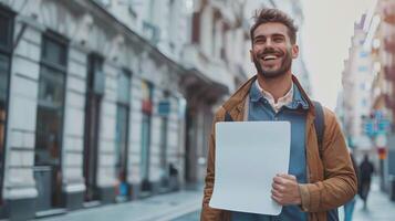 a smiling man walking in the city holding a sign photo