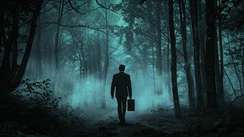 un escalofriante empresario camina en el oscuro bosque foto