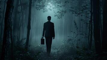 a spooky businessman walks in the dark forest photo