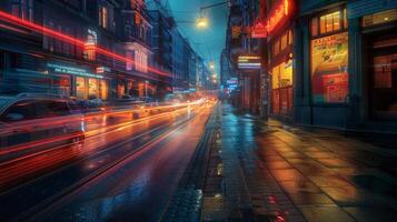 a street scene with a light trails from the city photo