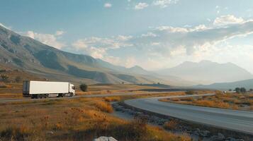 a truck with a white trailer drives down a road photo