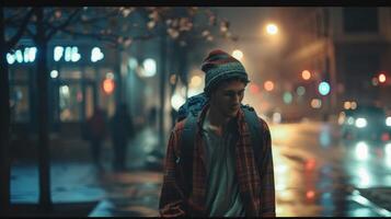 un joven adulto caminando en el ciudad a noche foto