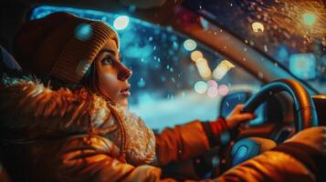 un joven mujer conducción disfrutando el invierno noche foto