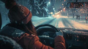 un joven mujer conducción disfrutando el invierno noche foto