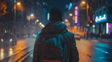 a young adult walking in the city at night photo