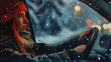 a young woman driving enjoying the winter night photo