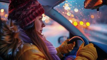 un joven mujer conducción disfrutando el invierno noche foto