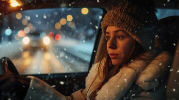 un joven mujer conducción disfrutando el invierno noche foto