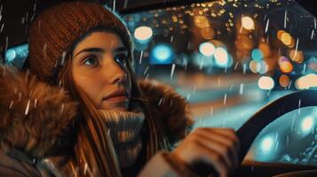 a young woman driving enjoying the winter night photo