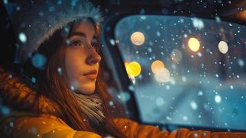 a young woman driving enjoying the winter night photo