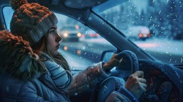 un joven mujer conducción disfrutando el invierno noche foto