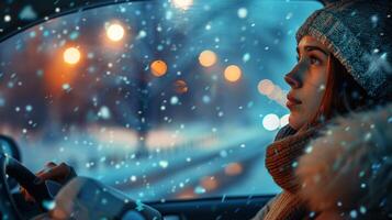 a young woman driving enjoying the winter night photo