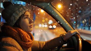 un joven mujer conducción disfrutando el invierno noche foto