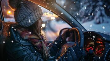 un joven mujer conducción disfrutando el invierno noche foto