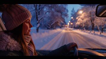 un joven mujer conducción disfrutando el invierno noche foto