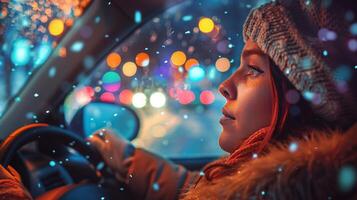 un joven mujer conducción disfrutando el invierno noche foto