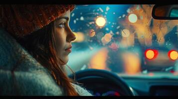 un joven mujer conducción disfrutando el invierno noche foto