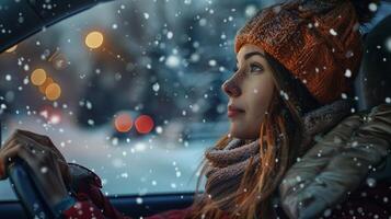 un joven mujer conducción disfrutando el invierno noche foto