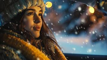 a young woman driving enjoying the winter night photo