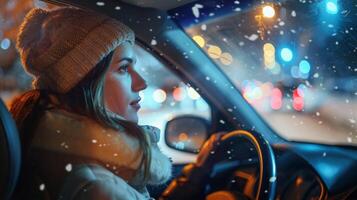 a young woman driving enjoying the winter night photo