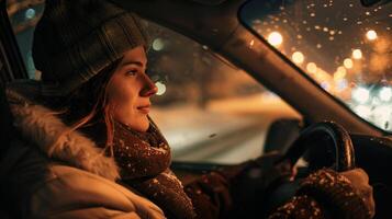 a young woman driving enjoying the winter night photo