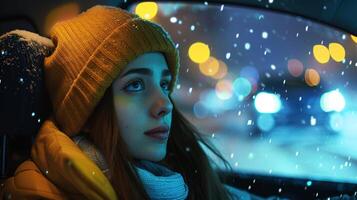 a young woman driving enjoying the winter night photo