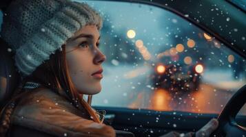 a young woman driving enjoying the winter night photo