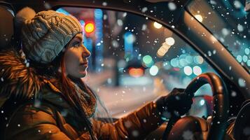 un joven mujer conducción disfrutando el invierno noche foto