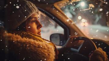 un joven mujer conducción disfrutando el invierno noche foto